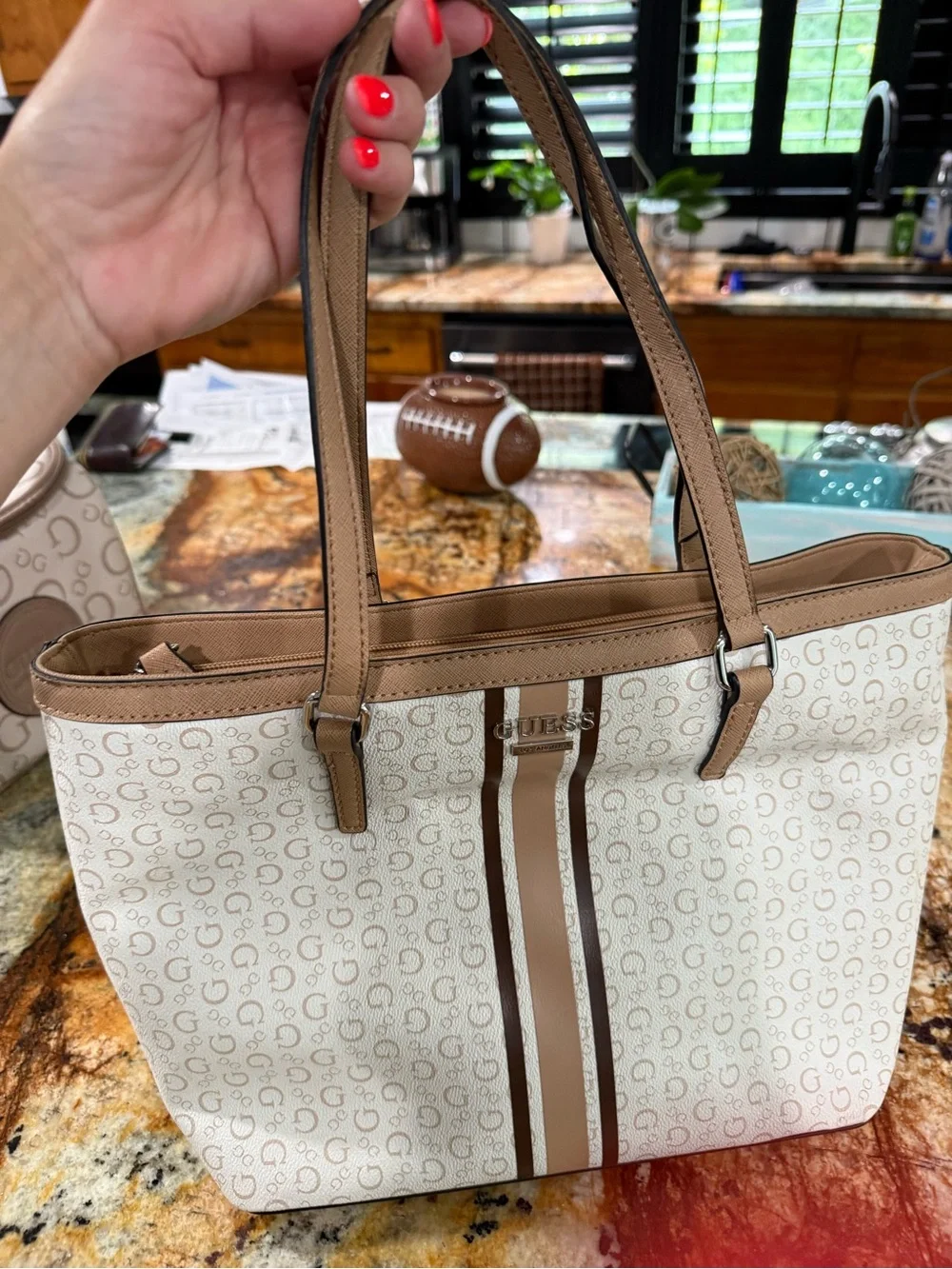 GUESS Cream and Tan Signature Stripe Tote